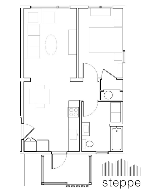 A black and white image of a floor plan with the word "steppe" written below it.